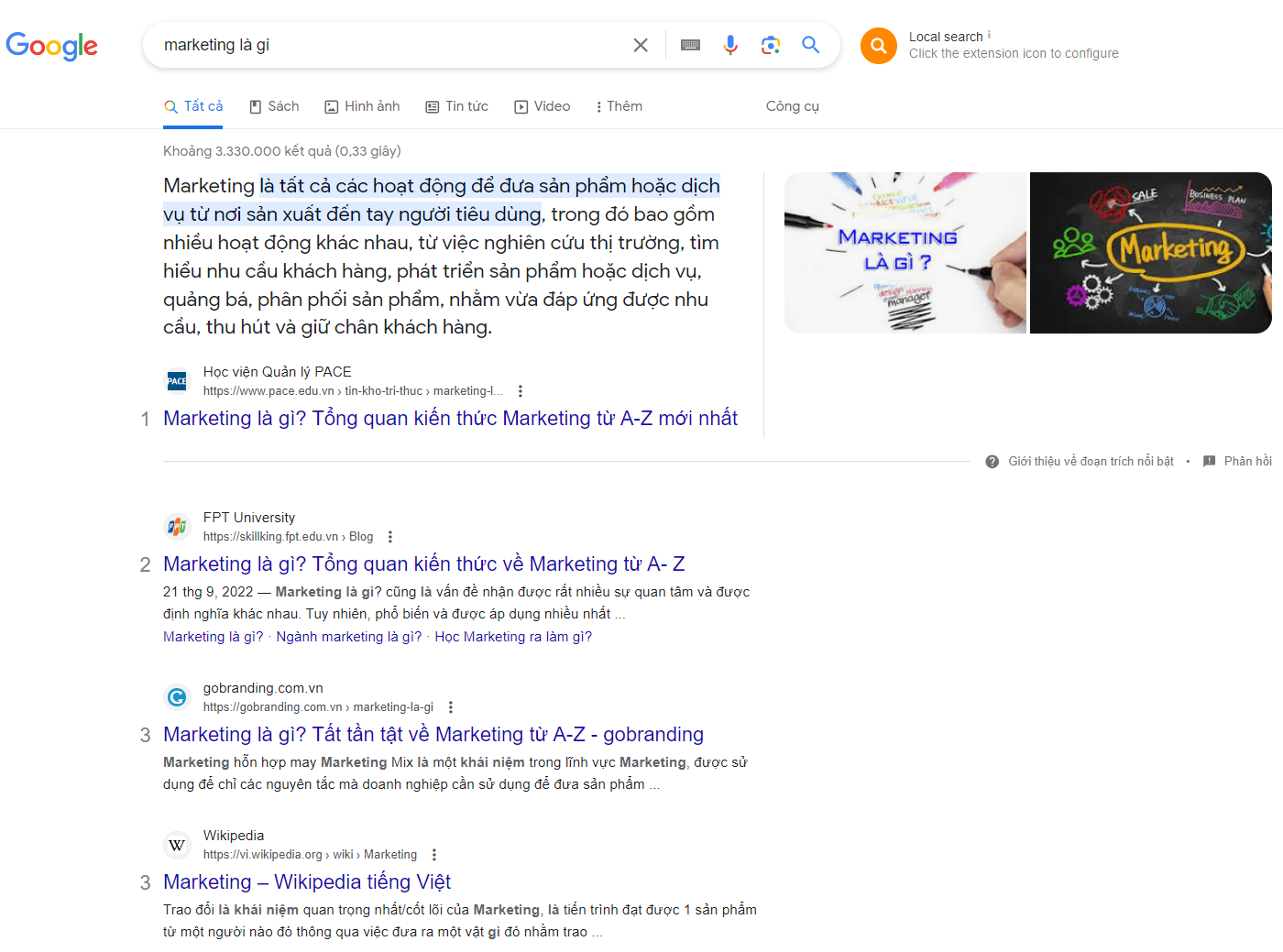 Hiển thị kết quả SEO từ khóa "Marketing là gì" trên SERPs
